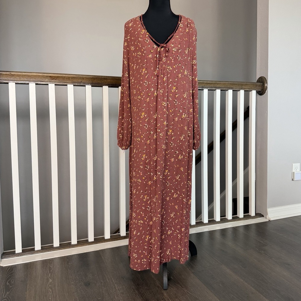 Natural Life Brown Floral Tie V Neck Long Sleeve Maxi Dress Large Boho Cottage